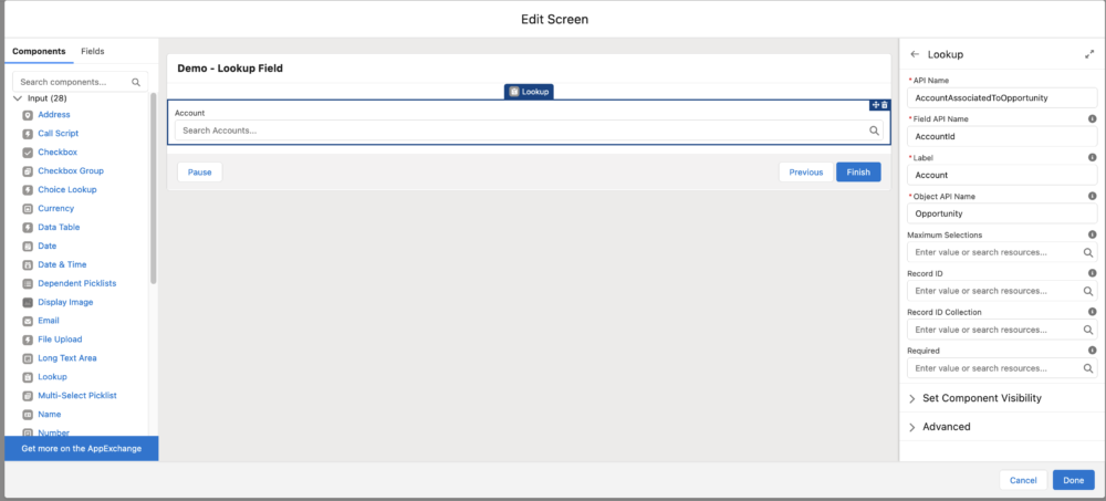 Creating a Lookup Field in Screen Flow - Lookup